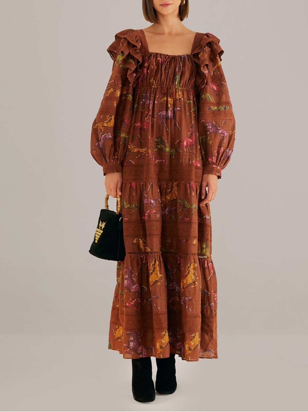 Farm Rio Brown Dotted Horse Maxi Dress Size S